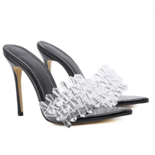 slippers summer point toe peep transparent crystal stiletto high heel women's fashion party sandals women 2021, Black
